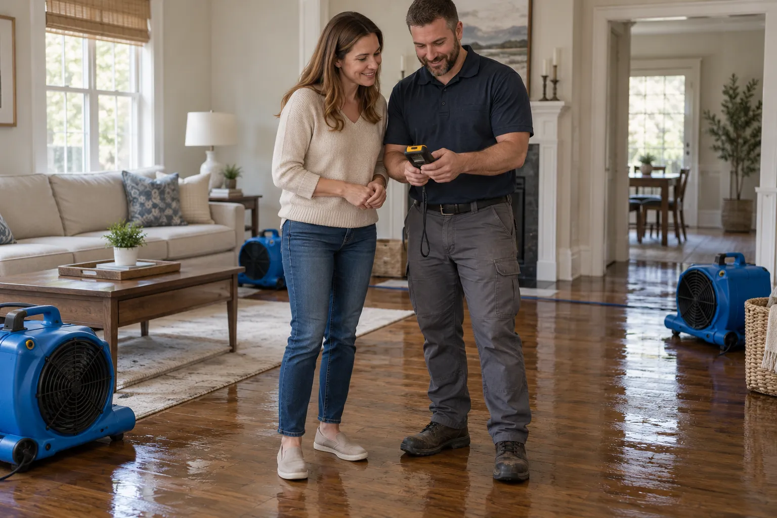 Water damage restoration technician drying a flooded living room in Detroit
